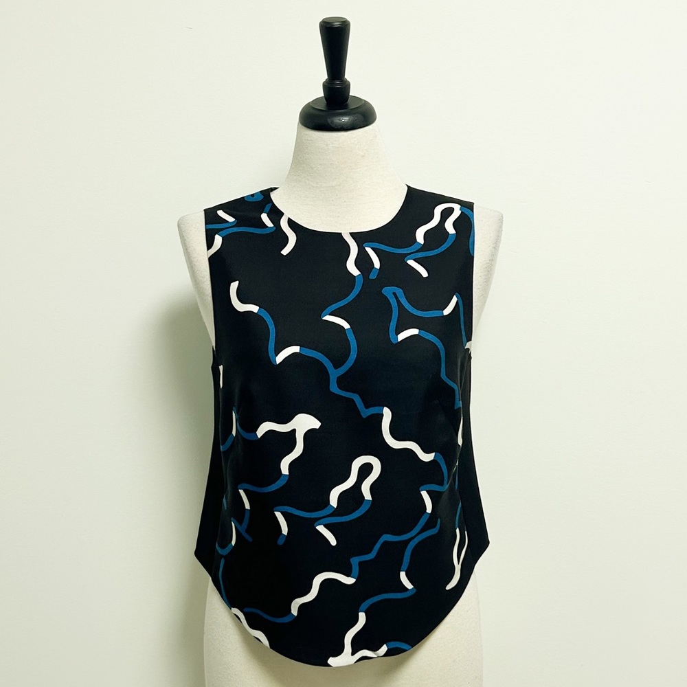 Diane Von Furstenberg Black Blue Ivory Sleeveless Scottie Wool Silk Top Medium